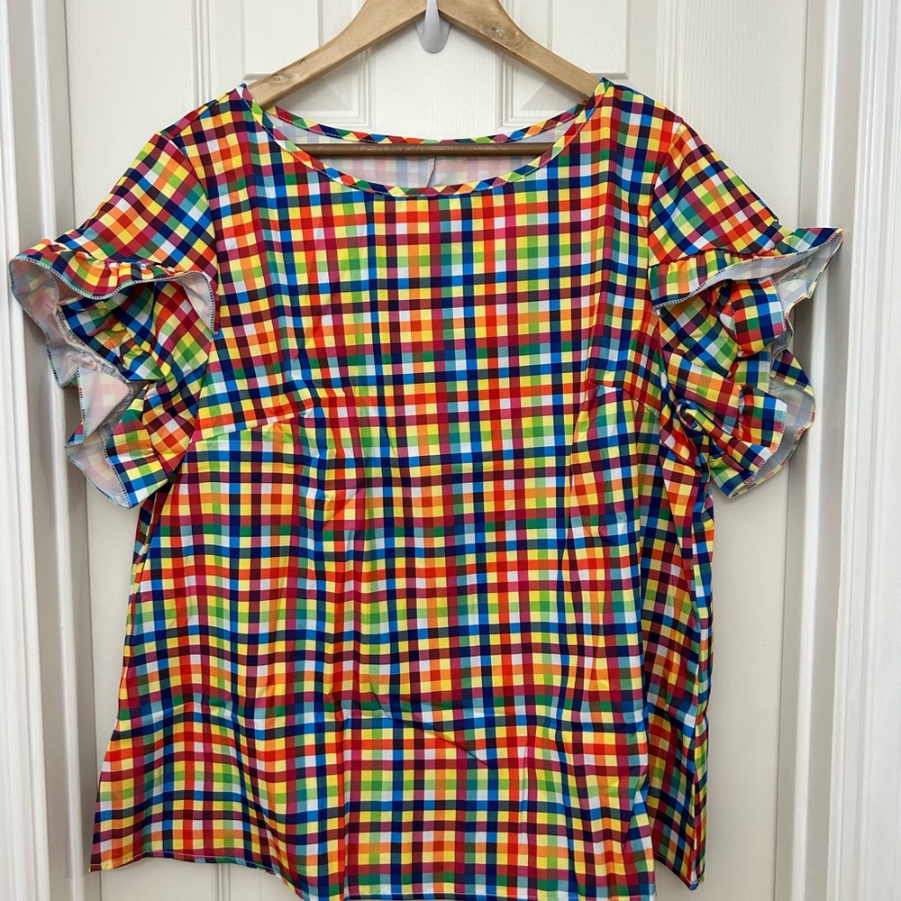 SHEIN Multicolor Checkered Ruffle Sleeve Blouse